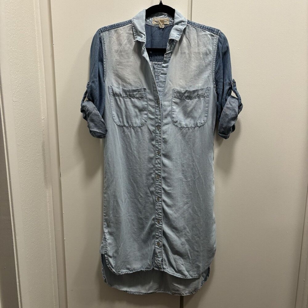 Anthropologie Cloth & Stone Sz XS Blue Chambray Tencel Button Down Shirt Dress